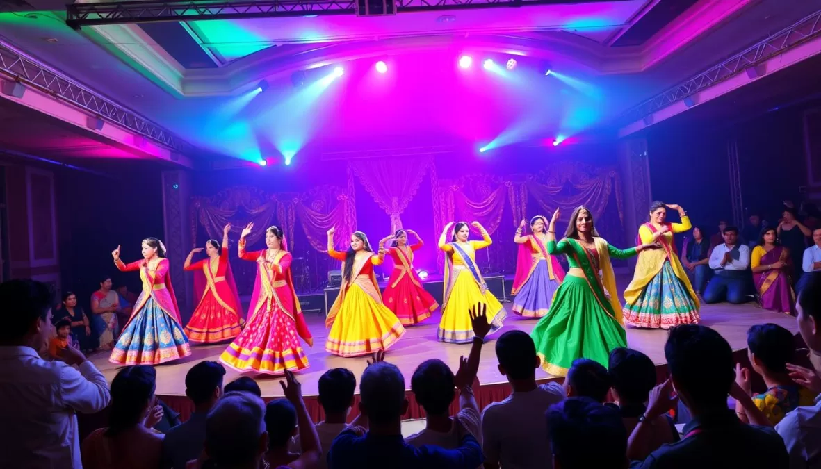 Energetic sangeet performance to Mahi Ve with colorful decorations