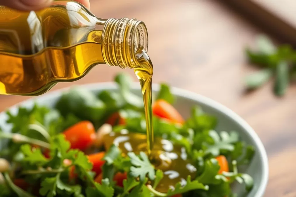 Extra virgin olive oil being poured from a bottle onto a salad