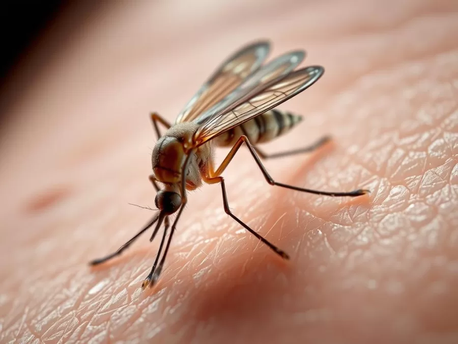 Female Anopheles mosquito, one of the deadliest animals in the world, feeding on human skin