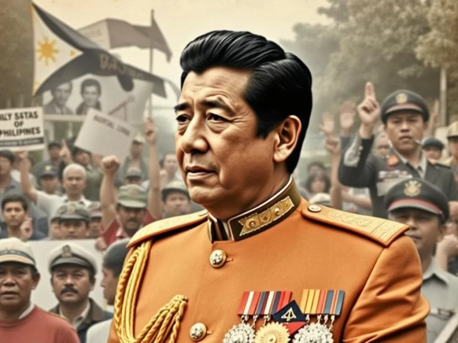 Ferdinand Marcos in presidential attire with images of protest and martial law enforcement in the Philippines