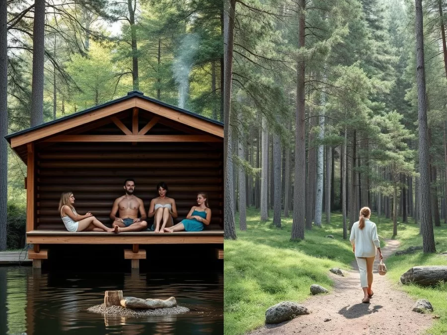 Finnish people enjoying sauna and forest bathing activities
