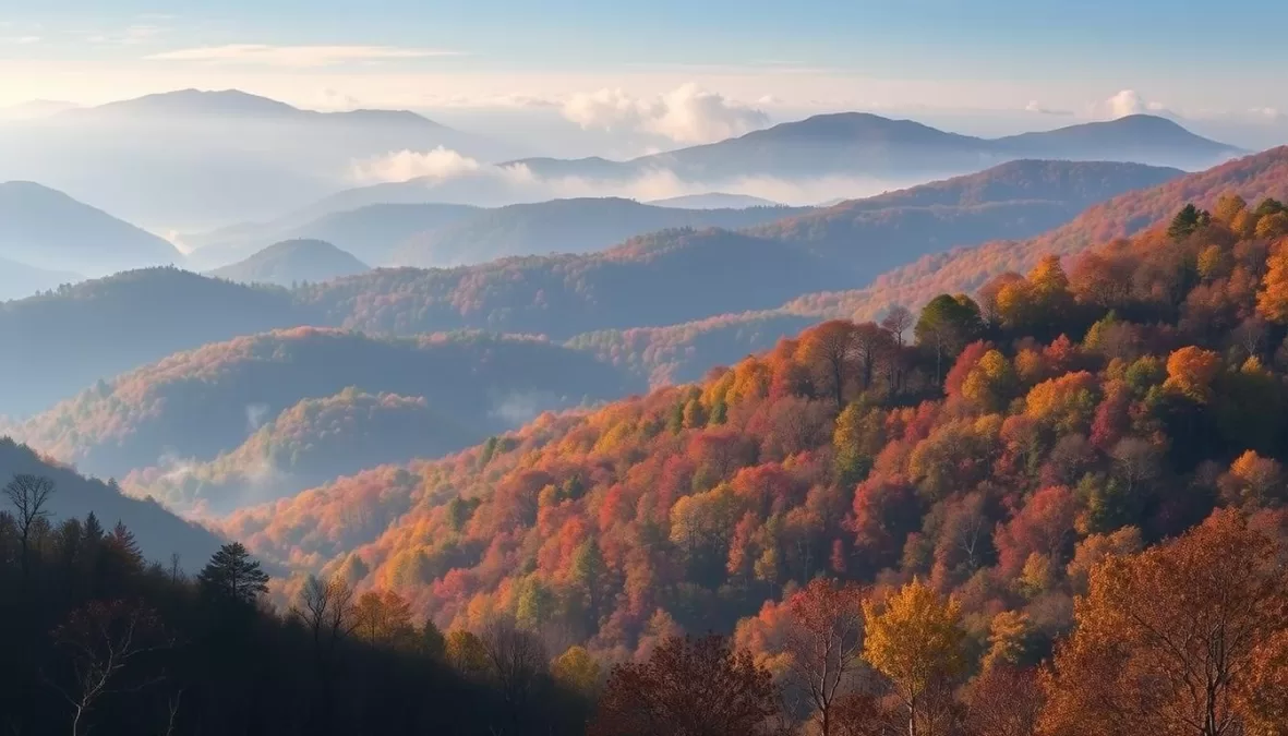 Foggy morning view of the Great Smoky Mountains National Park with diverse forest ecosystem and wildlife