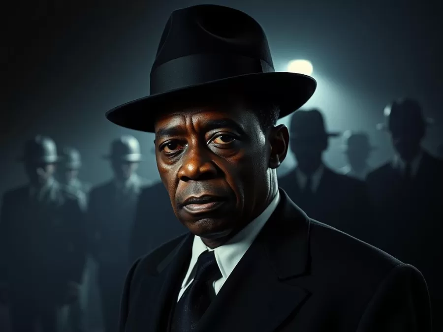 François 'Papa Doc' Duvalier in his signature dark suit and hat with members of the Tonton Macoute in the background