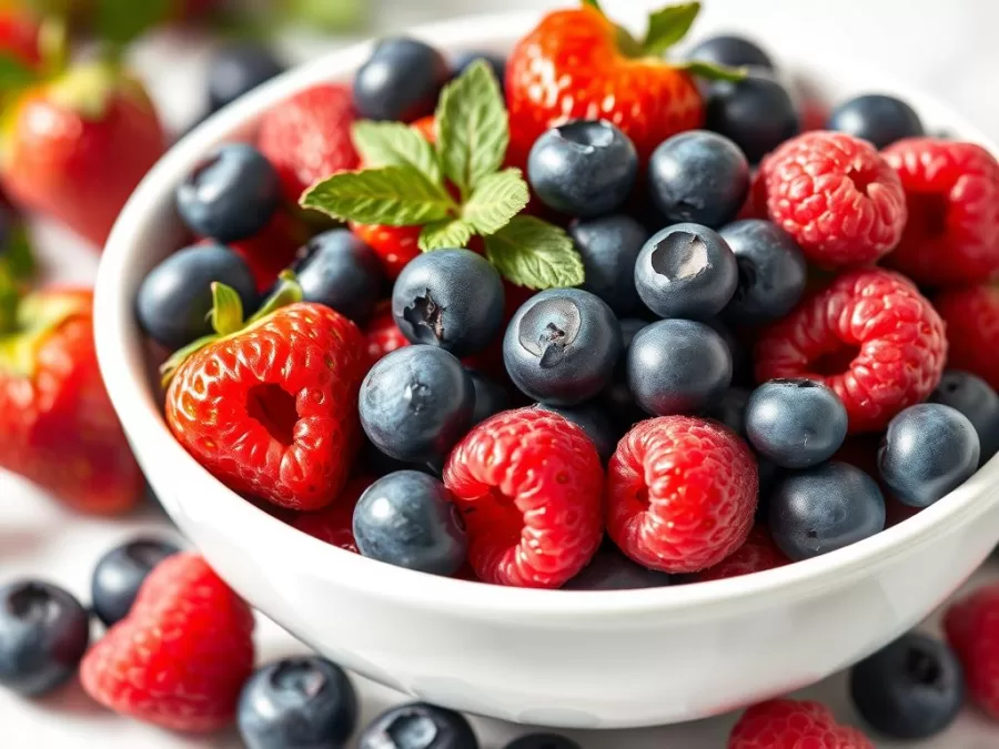 Fresh mixed berries including blueberries, strawberries, and raspberries in a bowl