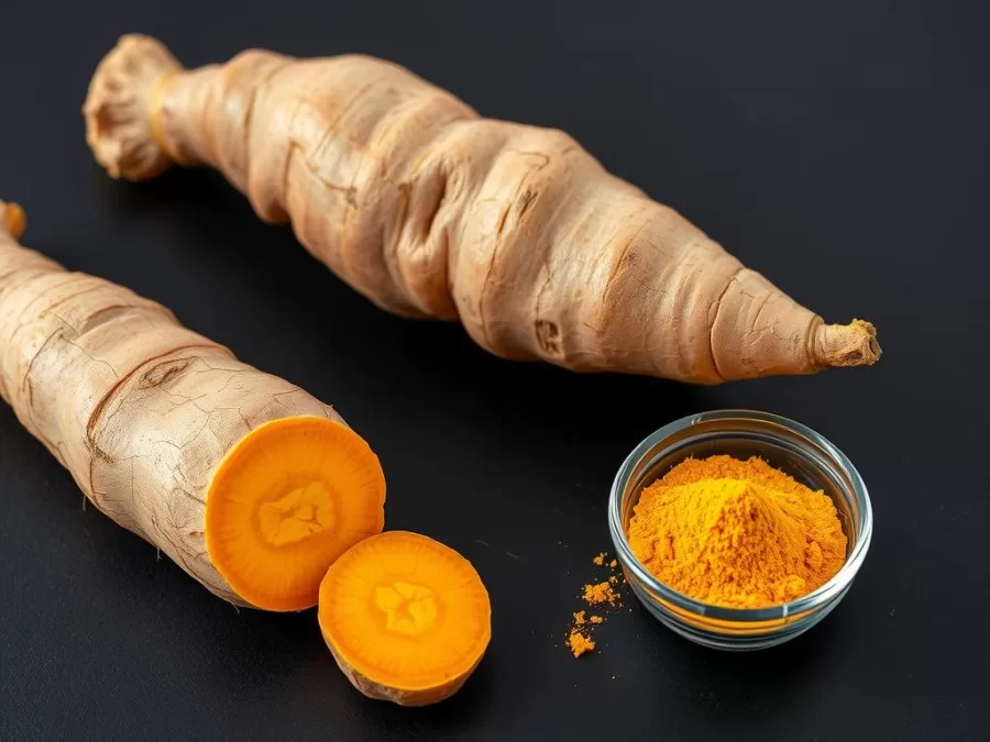 Fresh turmeric root and ground turmeric powder