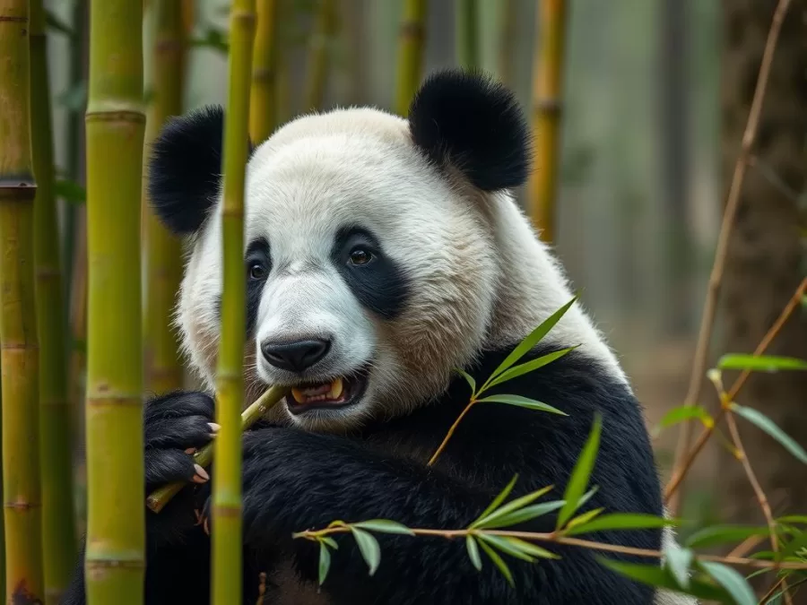 Giant panda eating bamboo in China's forest, iconic species from countries with richest wildlife biodiversity