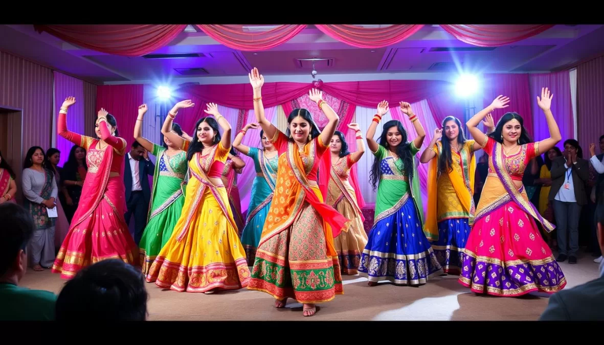 Group dance performance at sangeet night to Nachde Ne Saare