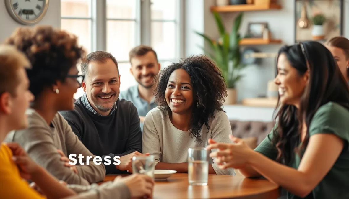 Group of friends enjoying social connection for stress management