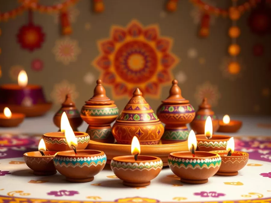 Handcrafted terracotta diya set with colorful Diwali designs under 1000 Rs