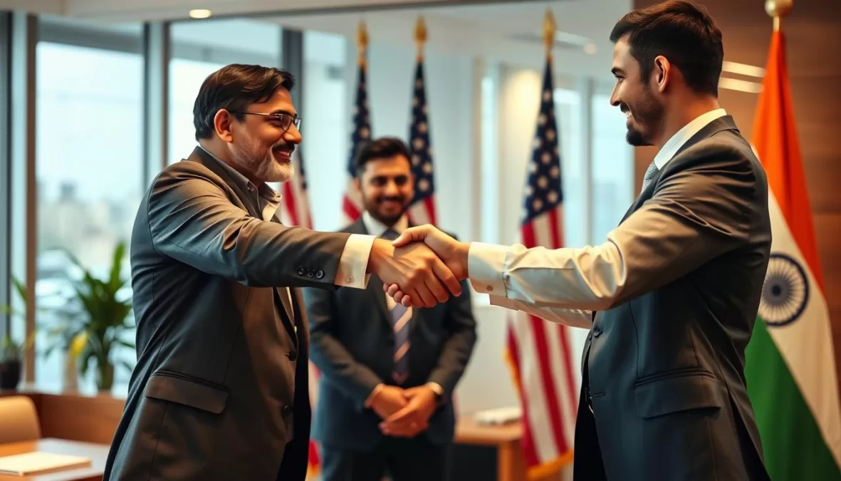 Handshake between Indian and American business professionals symbolizing partnership