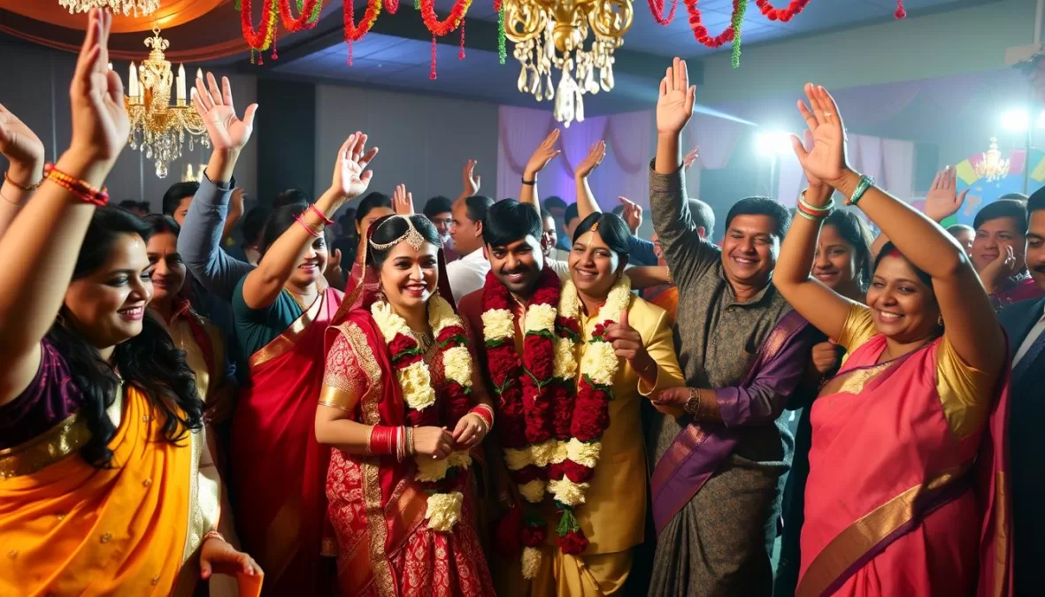 Happy couple celebrating with family during wedding festivities