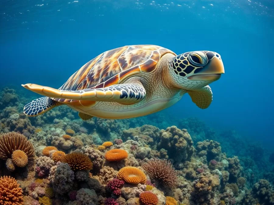 Hawksbill sea turtle swimming in coral reef, endangered in 2025