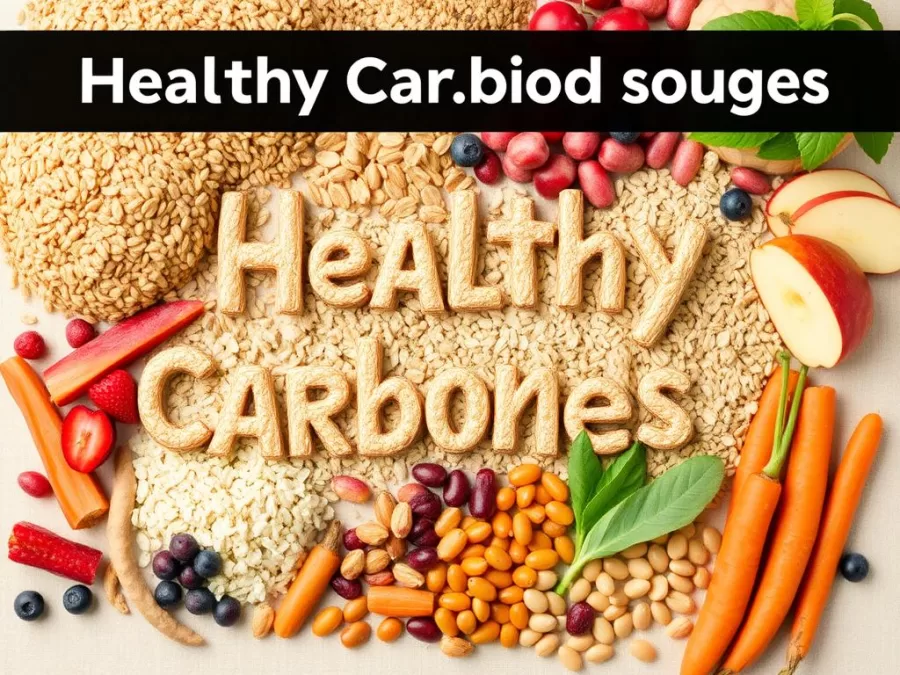 Healthy carbohydrate sources including whole grains, fruits, vegetables, and legumes displayed on a table