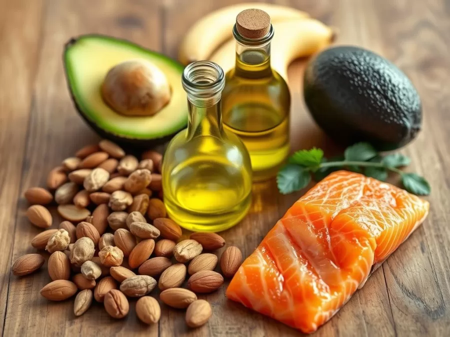 Healthy fat sources including avocados, nuts, olive oil, and fatty fish arranged on a wooden table