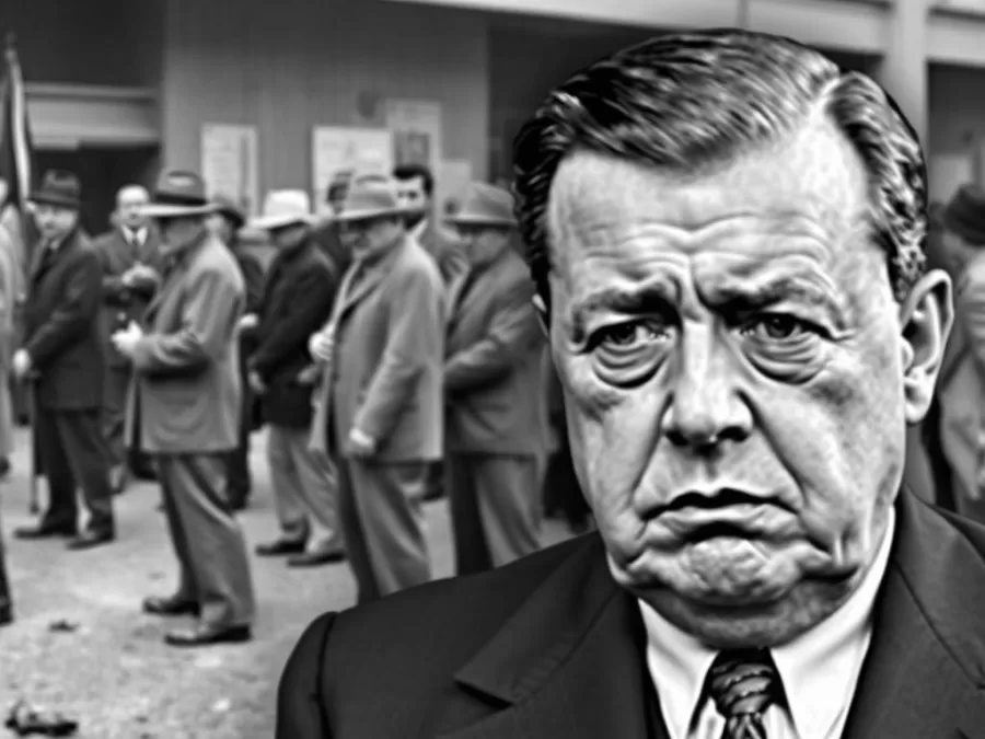 Herbert Hoover looking concerned with a backdrop showing unemployed Americans in a bread line during the Great Depression