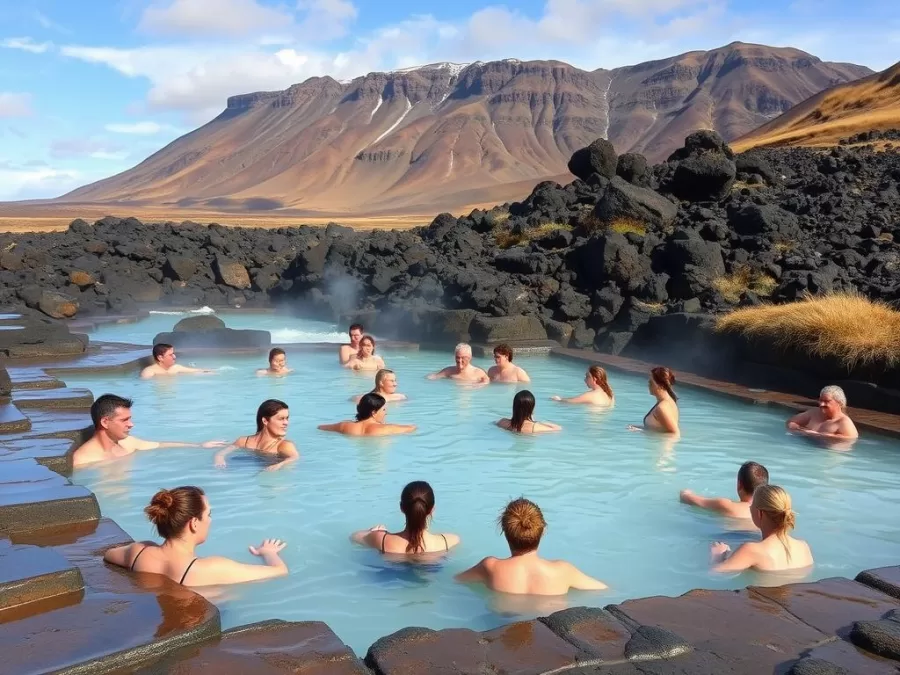 Icelandic hot springs with people enjoying outdoor bathing in pristine nature