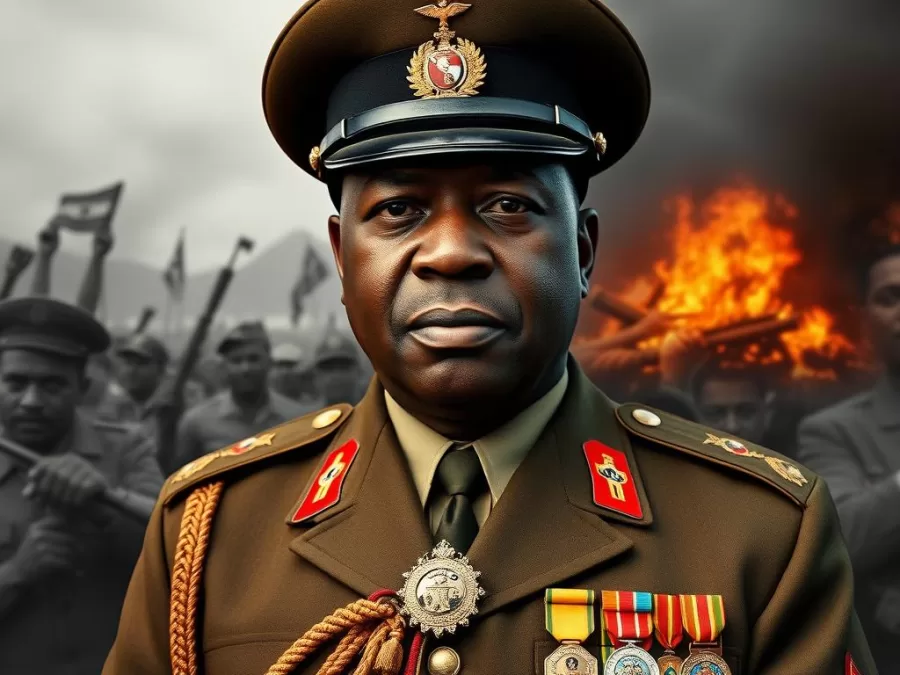 Idi Amin in military uniform with medals contrasted with images depicting the violence and expulsion of Asians from Uganda
