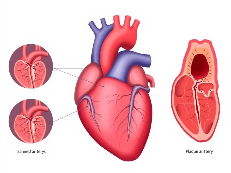 Illustration of heart with blocked coronary arteries showing ischemic heart disease