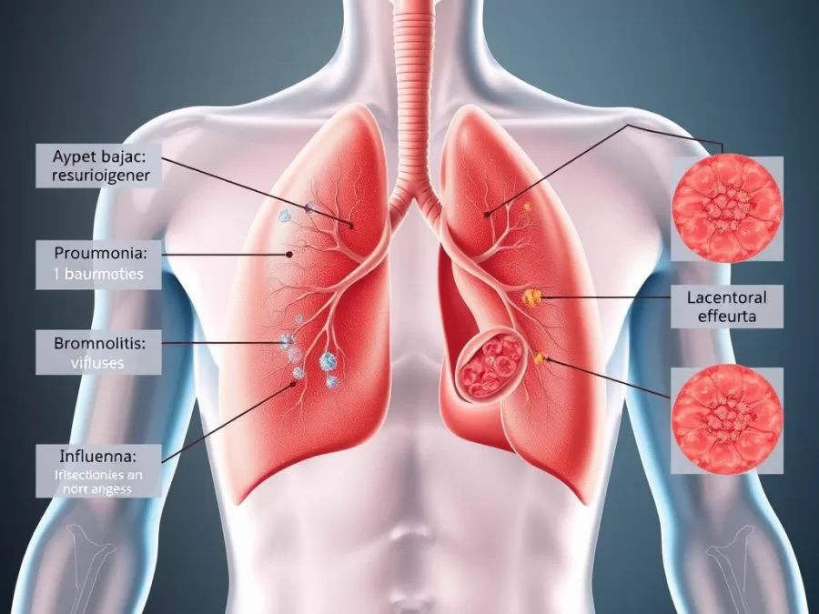 Illustration of lower respiratory tract showing common infections