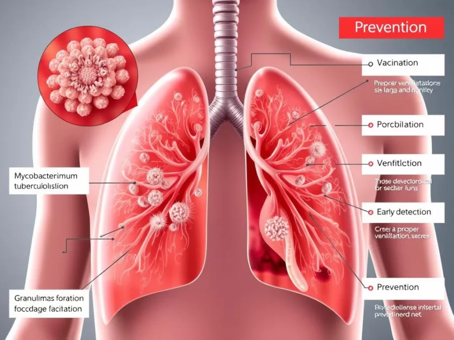 Illustration of tuberculosis infection in lungs and prevention methods