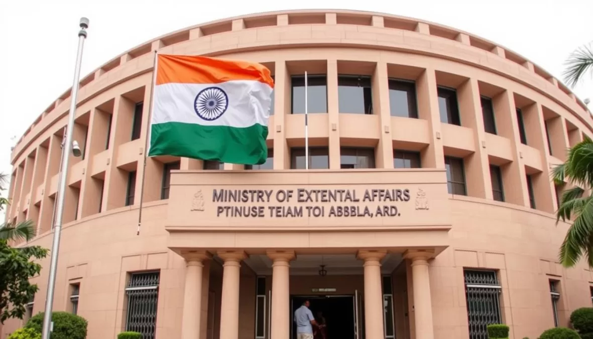 Indian Ministry of External Affairs building with Indian flag, representing India's response to the H-1B fee