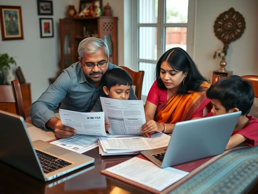 Indian family reviewing visa documents together at home