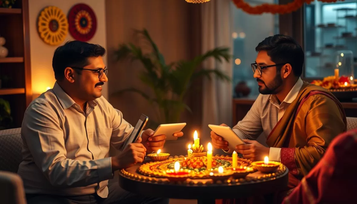 Investors discussing top diwali stocks 2025 during festival celebration
