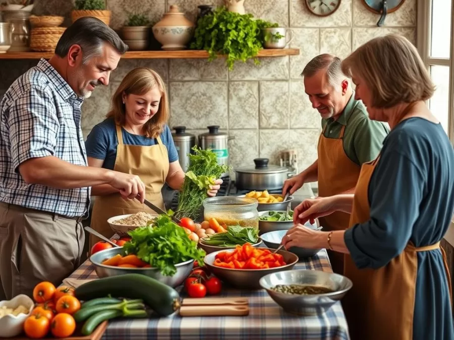 Italian family preparing fresh Mediterranean diet meal together