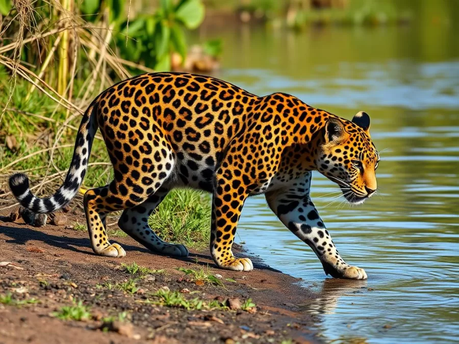 Jaguar walking along riverbank in Brazil's Pantanal wetlands, showcasing wildlife in countries with richest wildlife biodiversity