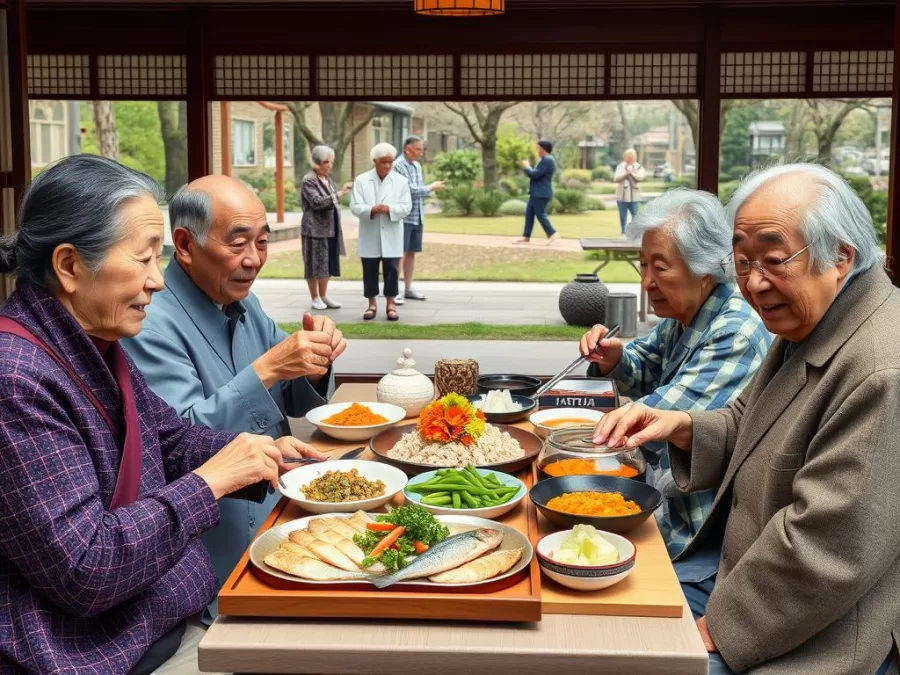 Japanese people enjoying traditional healthy meal with seniors practicing tai chi in a park