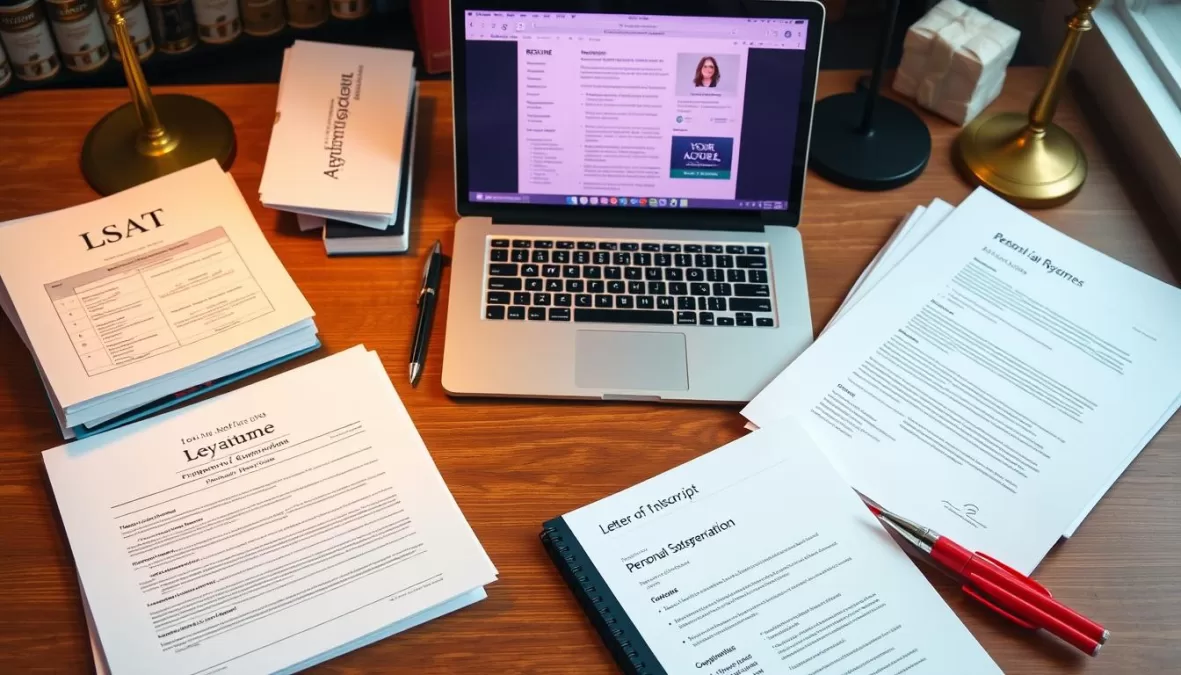 Law school application materials including LSAT preparation books for top 10 best law schools in the world