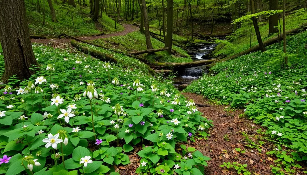 Lush forest and wetland ecosystem in Cuyahoga Valley National Park showing its plant diversity