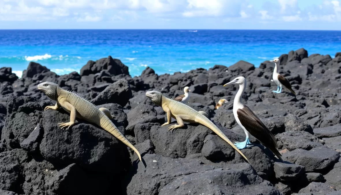 Marine iguanas and unique wildlife on the volcanic shores of Galapagos National Park