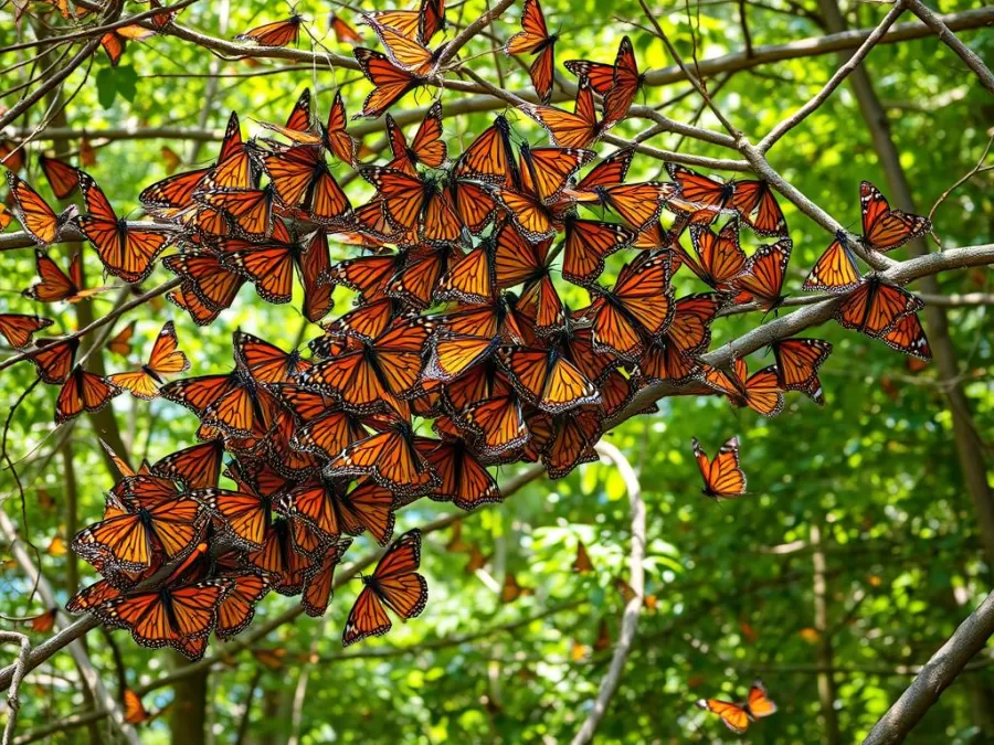 Monarch butterflies clustered on trees in Mexico's butterfly reserves, unique phenomenon in countries with richest wildlife biodiversity