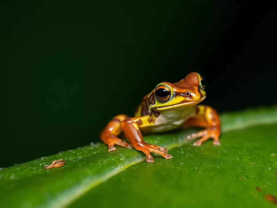 Monte Iberia dwarf frog on a leaf, showing its tiny size compared to plant material