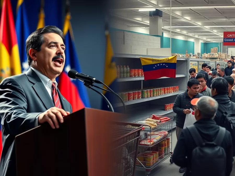 Nicolas Maduro speaking at a podium with a split screen showing empty grocery shelves and Venezuelan refugees crossing borders