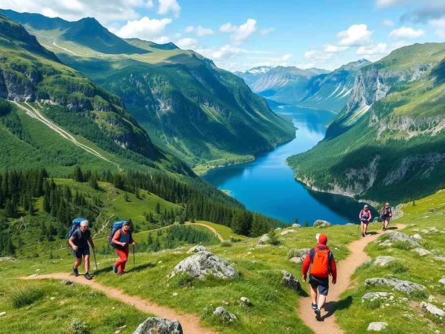 Norwegian fjord landscape with people hiking, representing active outdoor lifestyle in Norway