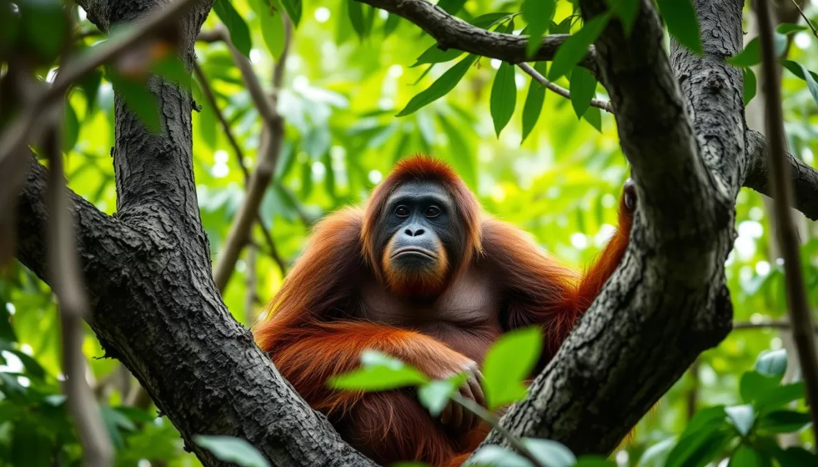 Orangutan in the rainforests of Borneo, Indonesia, representing unique species in countries with richest wildlife biodiversity