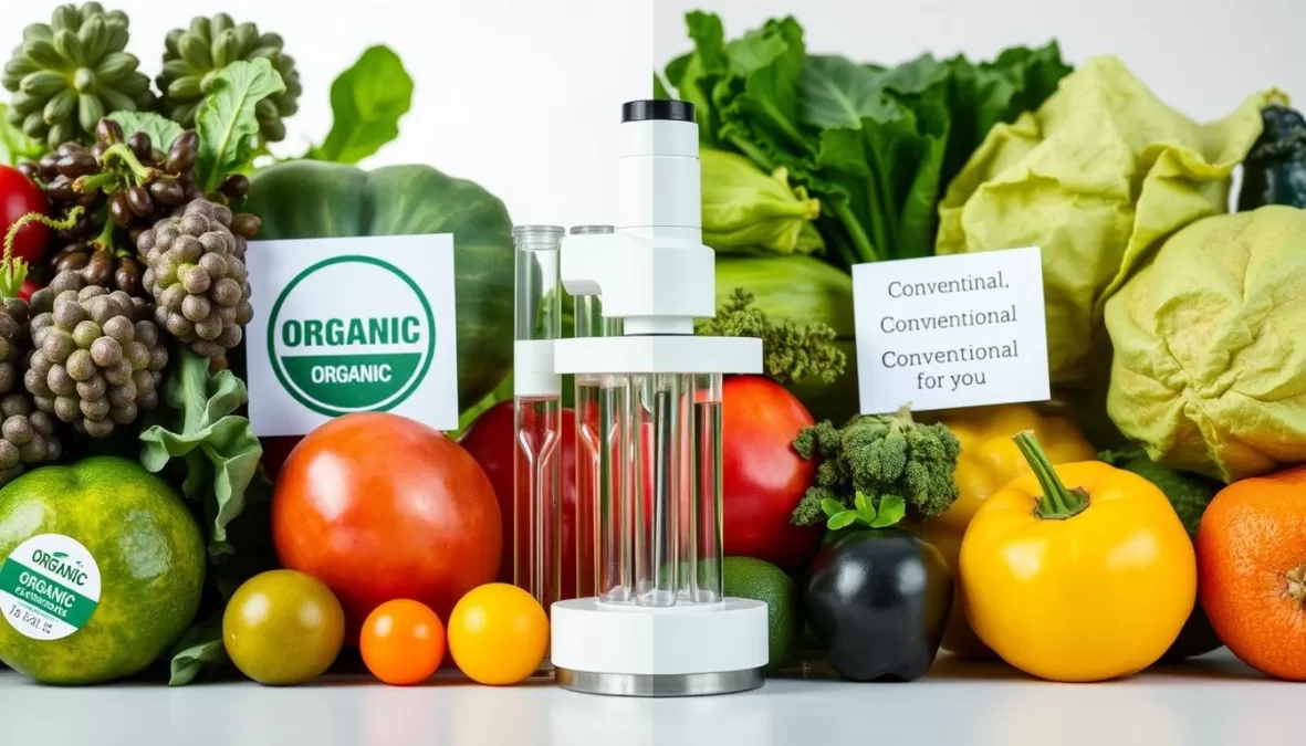 Organic and conventional produce side by side with scientific testing equipment analyzing nutritional content