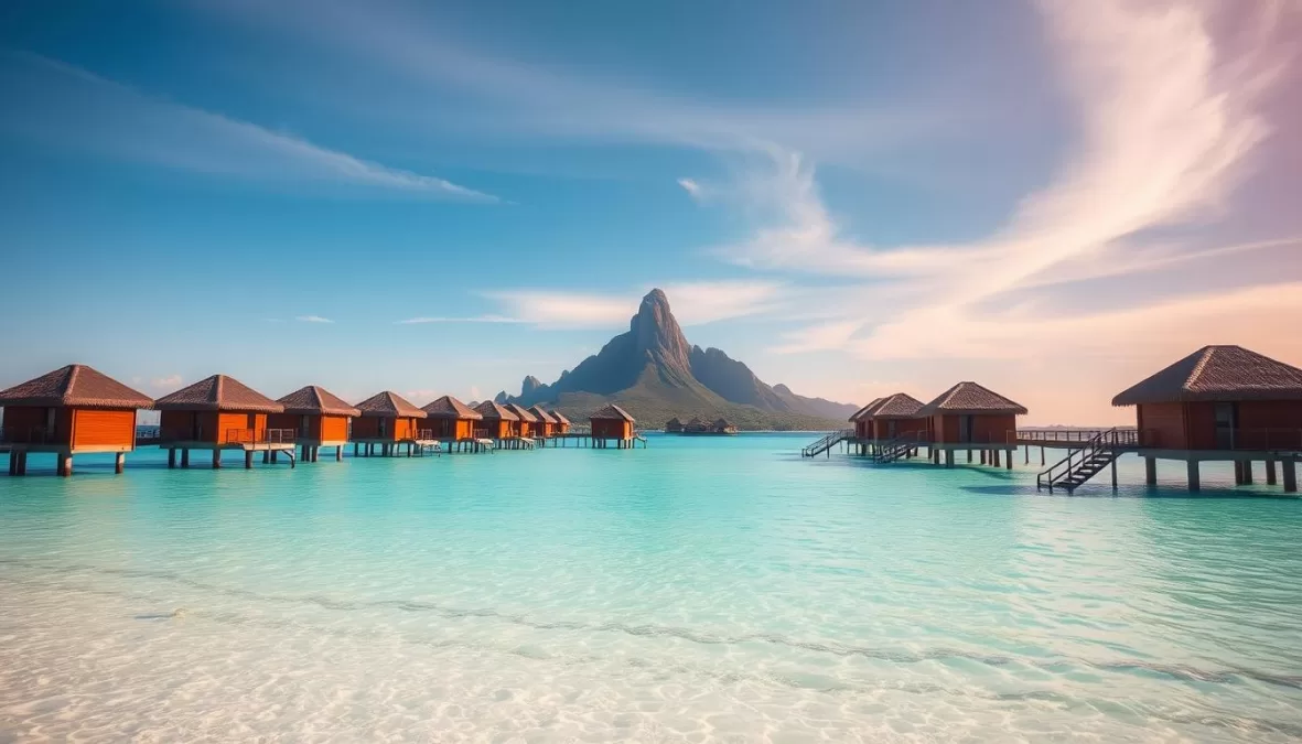 Overwater bungalows in Bora Bora with Mount Otemanu in the background