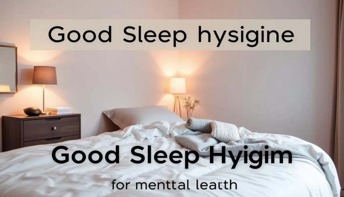 Peaceful bedroom setup promoting good sleep hygiene for mental health