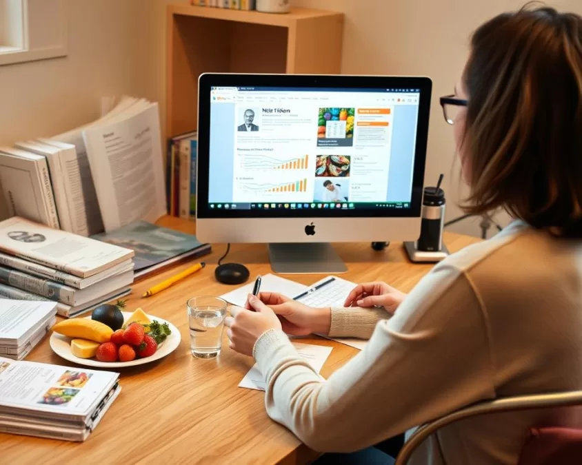 Person researching nutrition information on a computer with scientific journals and healthy food nearby