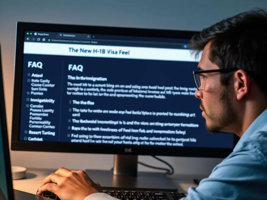Person searching for H-1B visa information on computer with FAQ displayed