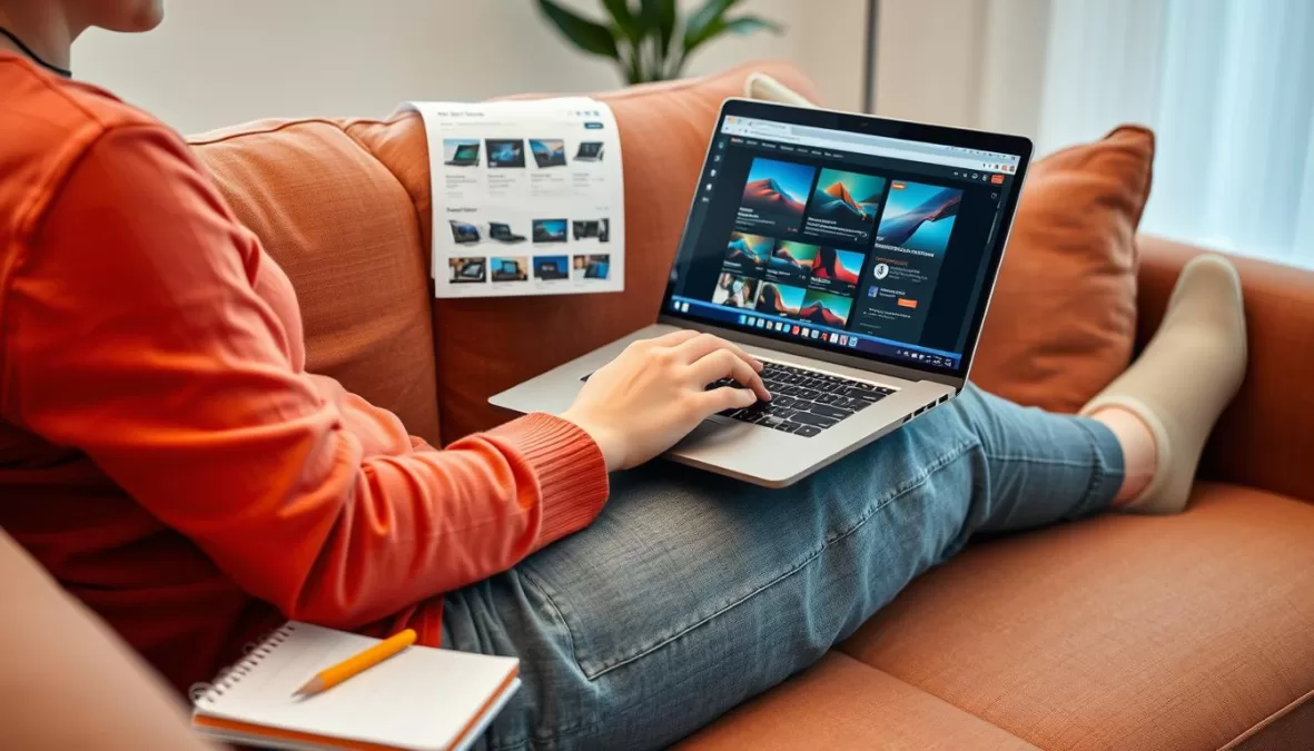 Person shopping for a laptop online, comparing different models for home use