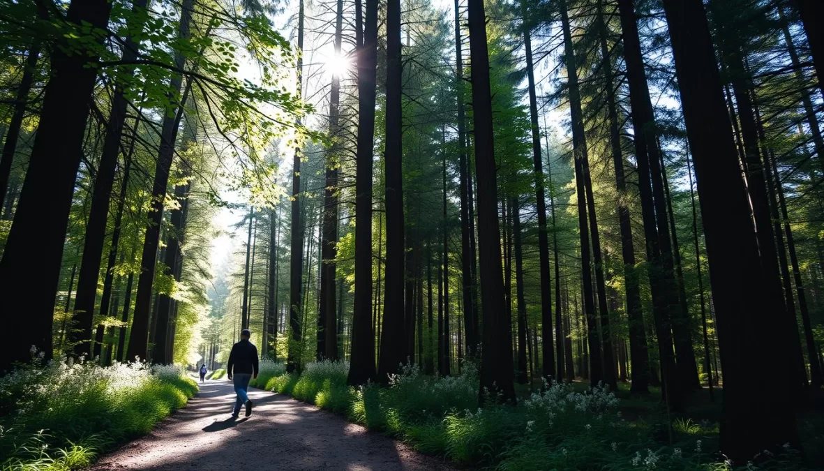 Person walking in forest for nature exposure stress management