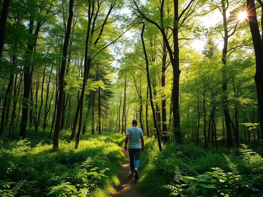 Person walking through a forest connecting with nature for mental health benefits