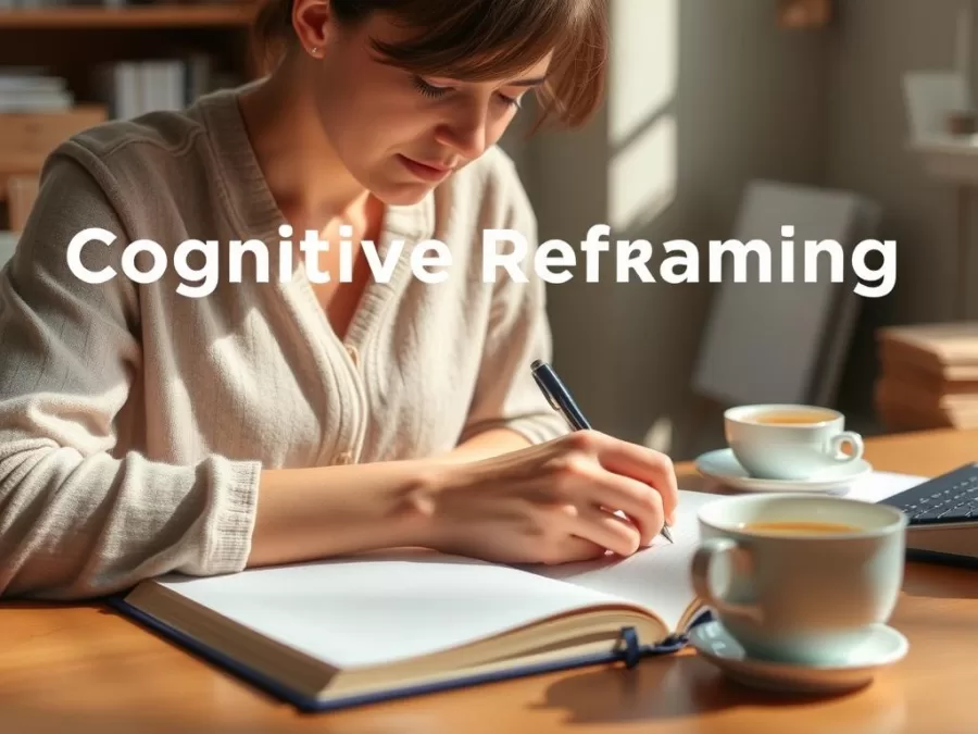 Person writing in journal for cognitive reframing stress management technique