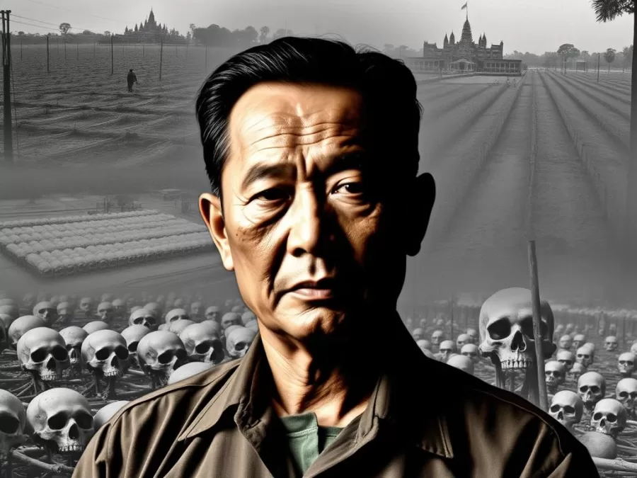 Pol Pot with images of the killing fields and forced labor camps in Cambodia