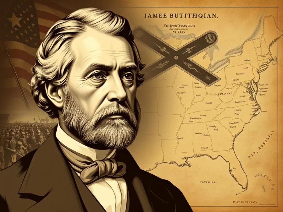 Portrait of James Buchanan with Civil War imagery and a map showing the secession of Southern states