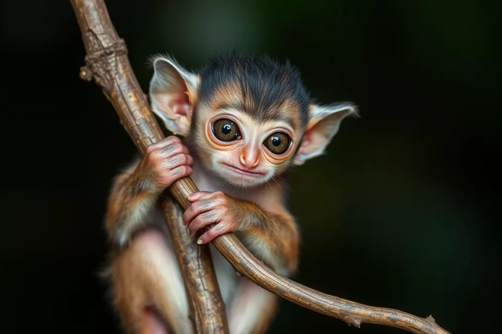 Pygmy marmoset clinging to a tree branch, showing its tiny size and agile nature